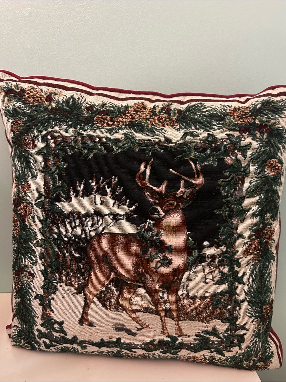 Deer Buck Stag Pine Cone Ivy Tapestry Pillow Christmas Holiday Winter 17x17”